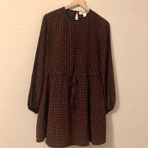 DVF Black 100% Silk With Red Polka Dot Balloon Long Sleeve Dress